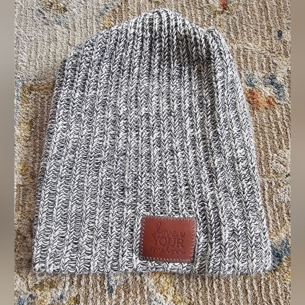 Love Your Melon Beanie With Brown Leather Patch, Like New! Black, & White